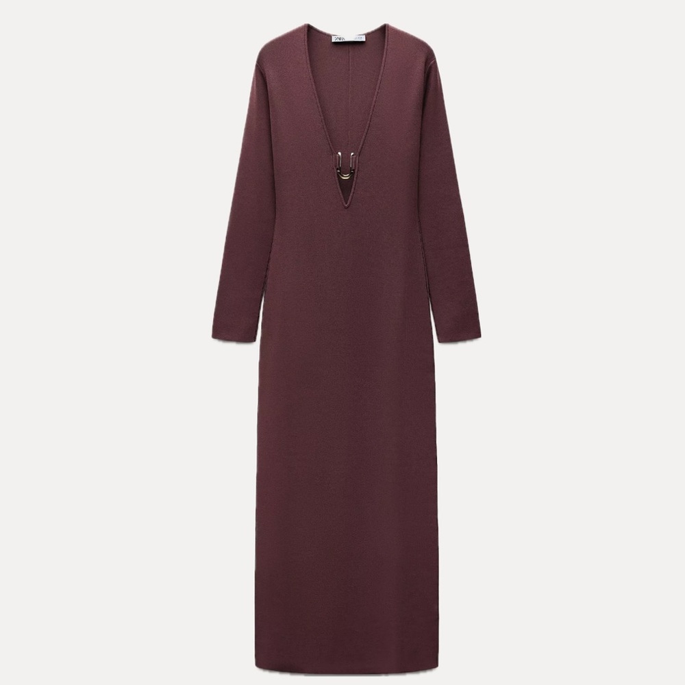 Zara  Long Sleeve Deep V maxi Dress in Burgundy